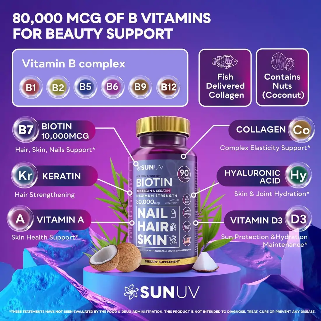 SUNUV Biotin Hair, Skin & Nails Complex Biotin in the formula · 90 capsules